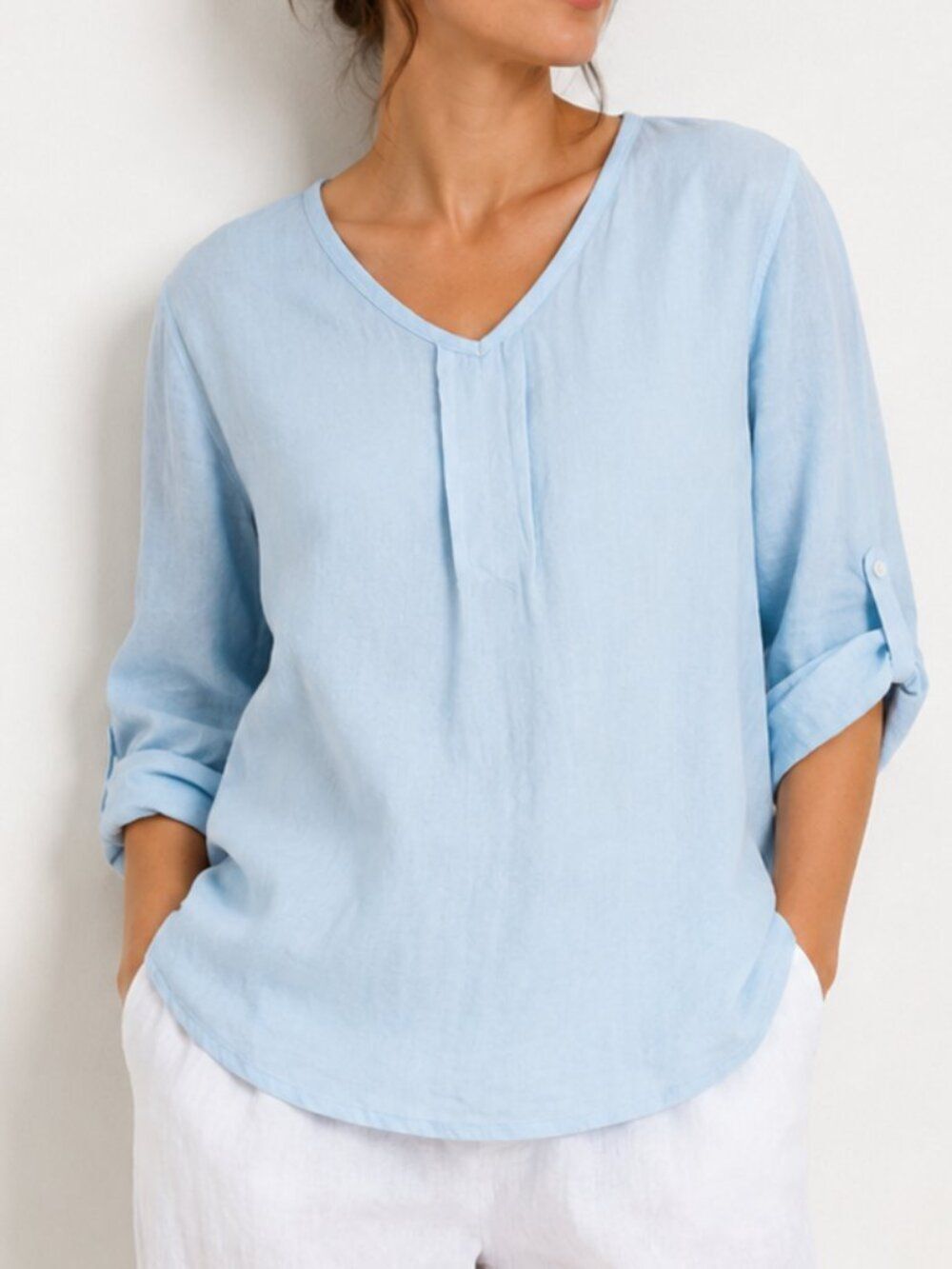 Camille & Co 100% Linen Tunic Top Size X-Large Light Blue Roll Tab Sleeve